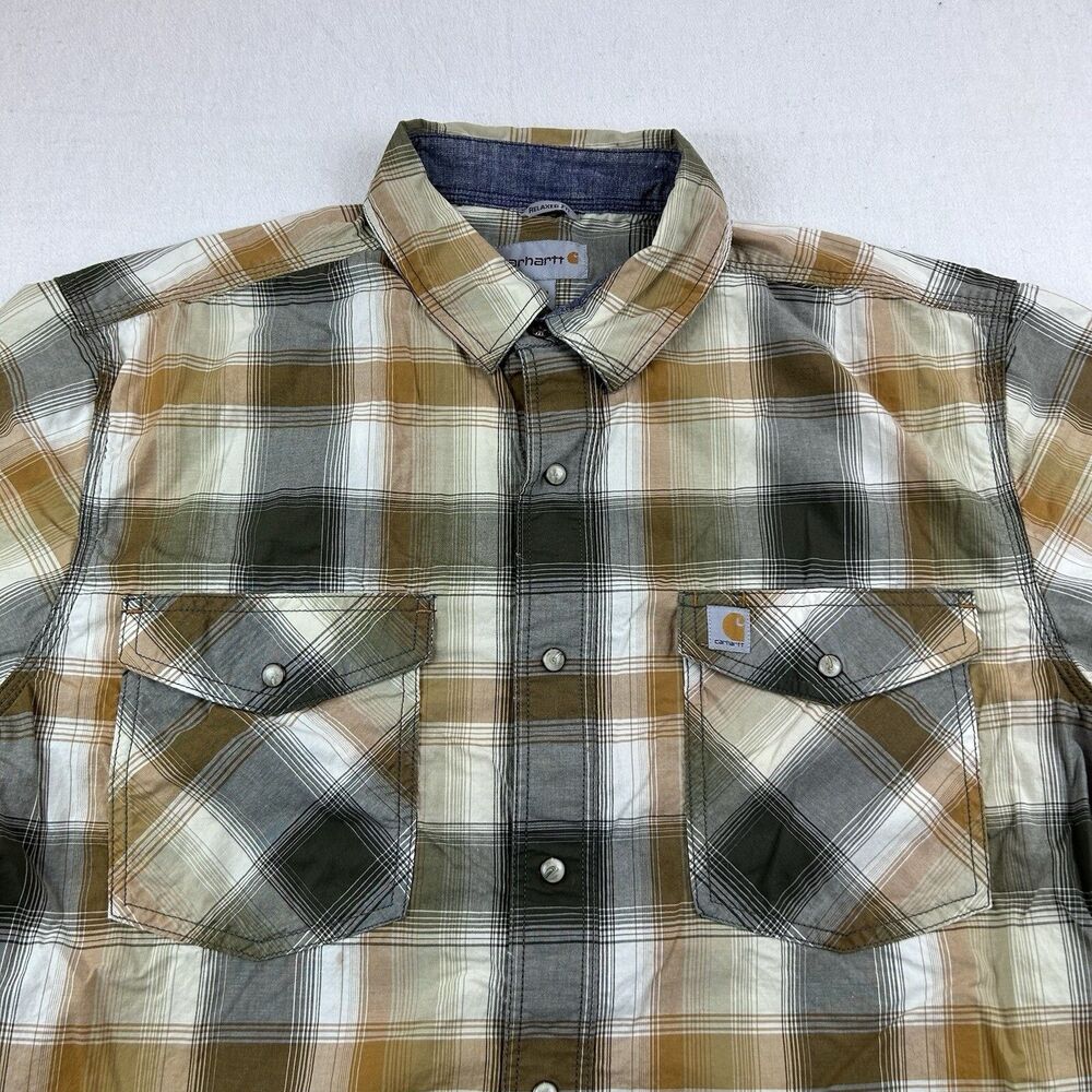 Vintage Carhartt Pearl Snap Shirt Mens L Plaid Relaxed Fit Short Sleeve Pockets